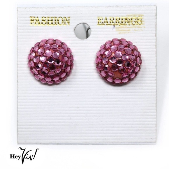 Vintage 1980s Pink Crystal Button Earrings on Card New/Old Store Stock - Hey Viv - Picture 1 of 4